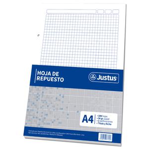 HOJA CUADRICULADA PERFORADA DE REPUESTO JUSTUS A4 X 100 HOJAS